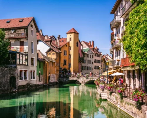 Annecy Old Town Cityscape and Thiou River View and Bridge