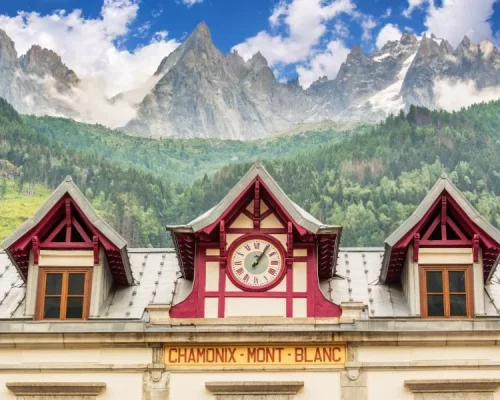 Chamonix Mont Blanc Train Station, Les Aiguilles De Chamonix in the Backgound, the Alps, France