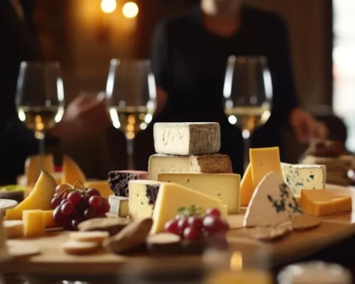 In a Grand Chateau, a Group of Connoisseurs Immerse Themselves in an Aweinspiring Wine and Cheese Tasting Orchestrated by a Sommelier, Their Conversations Whispered with Admiration and Their